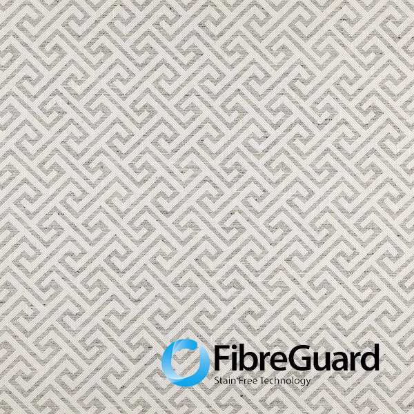 Pale flax fabric with soft grey stepped maze lines and lightly textured weave