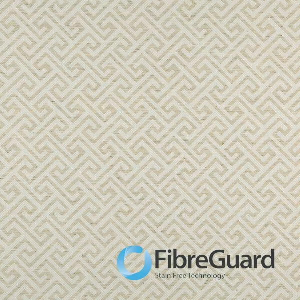 Warm oatmeal-beige woven fabric with repeating angular maze motifs and subtle surface texture