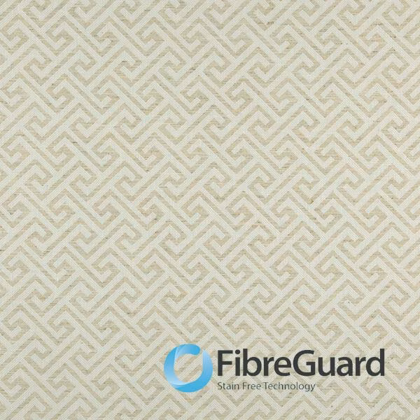 Warm oatmeal-beige woven fabric with repeating angular maze motifs and subtle surface texture