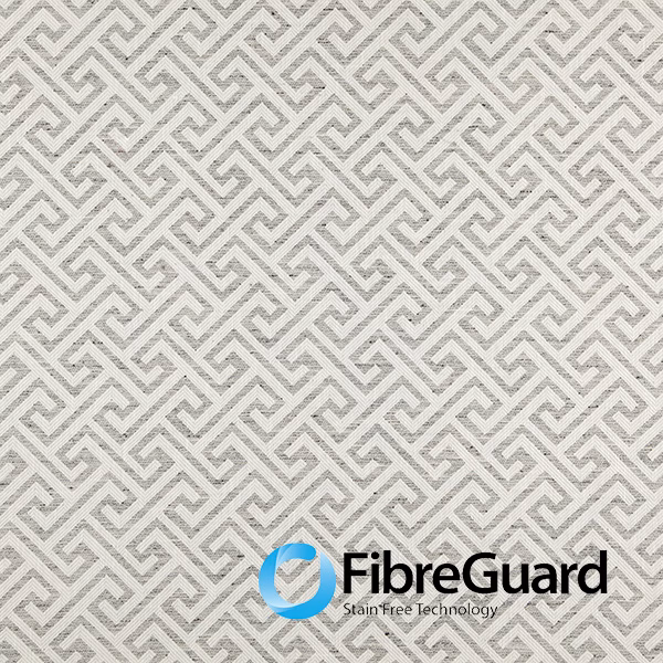 Silver-grey woven fabric with an ivory interlocking maze pattern and softly textured surface