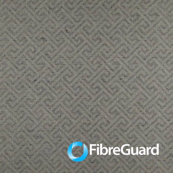 Smoky grey woven swatch with a small angular maze pattern and flecked texture