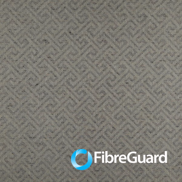 Smoky grey woven swatch with a small angular maze pattern and flecked texture