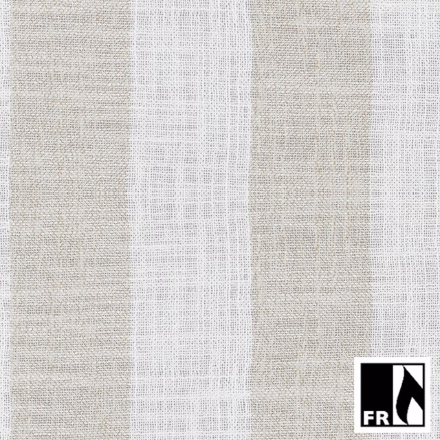 Warm oat-beige woven fabric with pale vertical stripes and an open textured surface