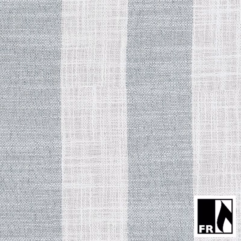 Woven Etta fabric with broad muted steel-blue and soft white vertical stripes