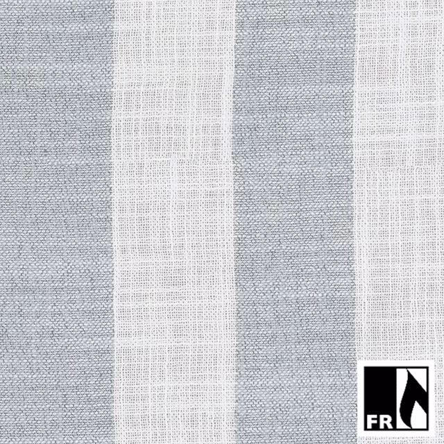 Woven Etta fabric with broad muted steel-blue and soft white vertical stripes