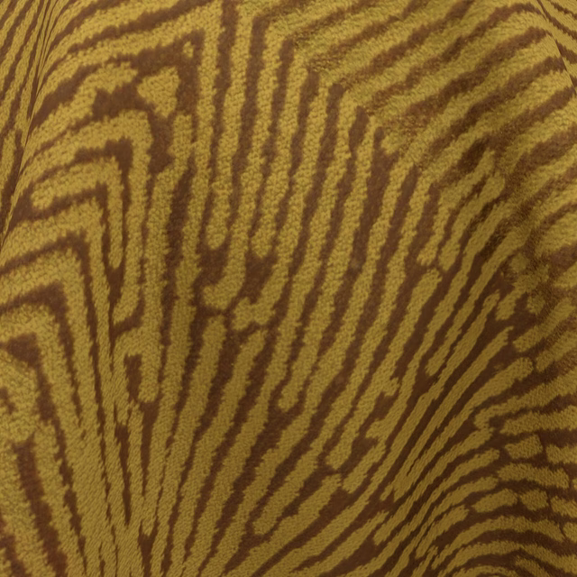 Close-up of brass fabric with raised olive-brown organic stripe markings