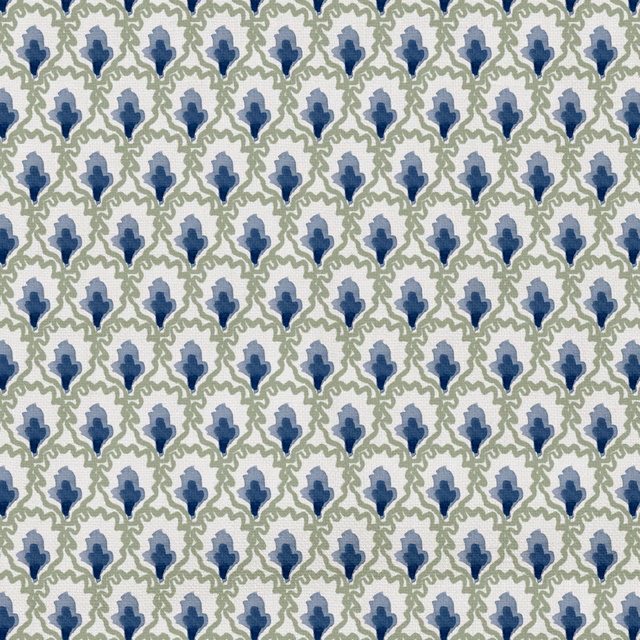 Small navy and powder-blue floral motifs with sage scrolling outlines on cream