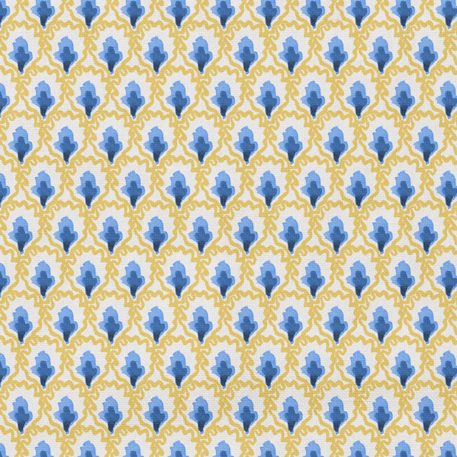 Ivory fabric with repeating blue floral motifs and mustard scrolling outlines