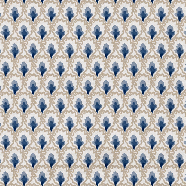 Cream fabric with small taupe scrolls and blue leaf-like motifs