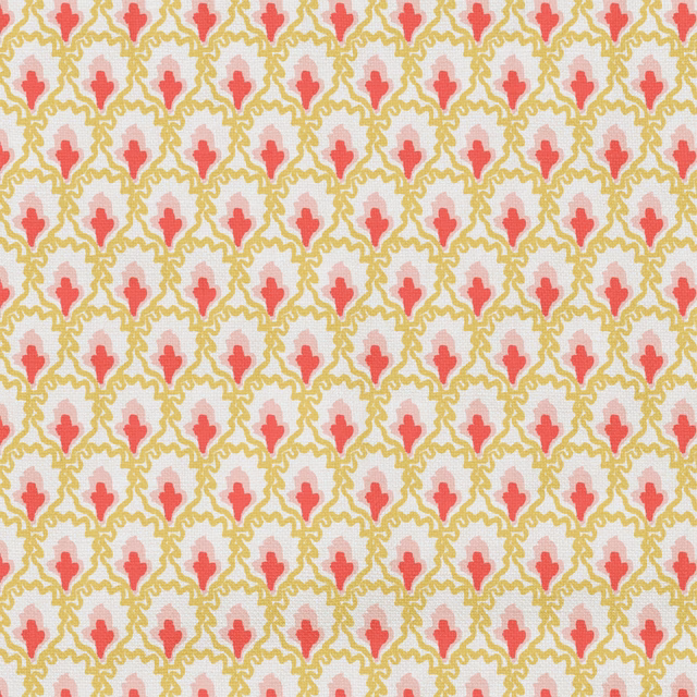 Cream woven ground with coral pink motifs and yellow-green scrolling vines