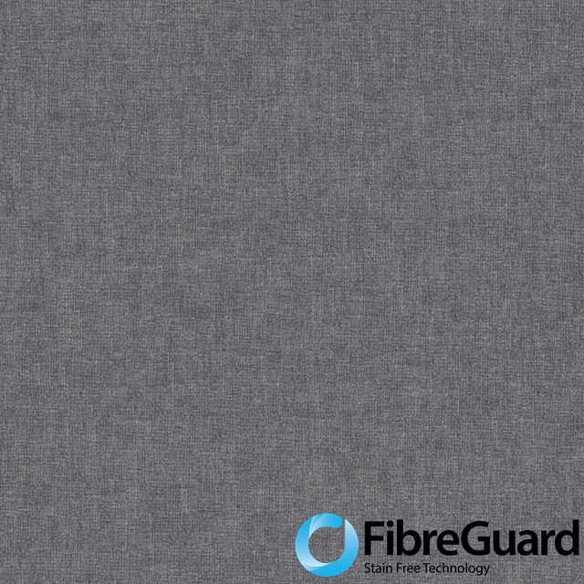 Cool grey Fiora II swatch with fine mottled weave and visible FibreGuard mark