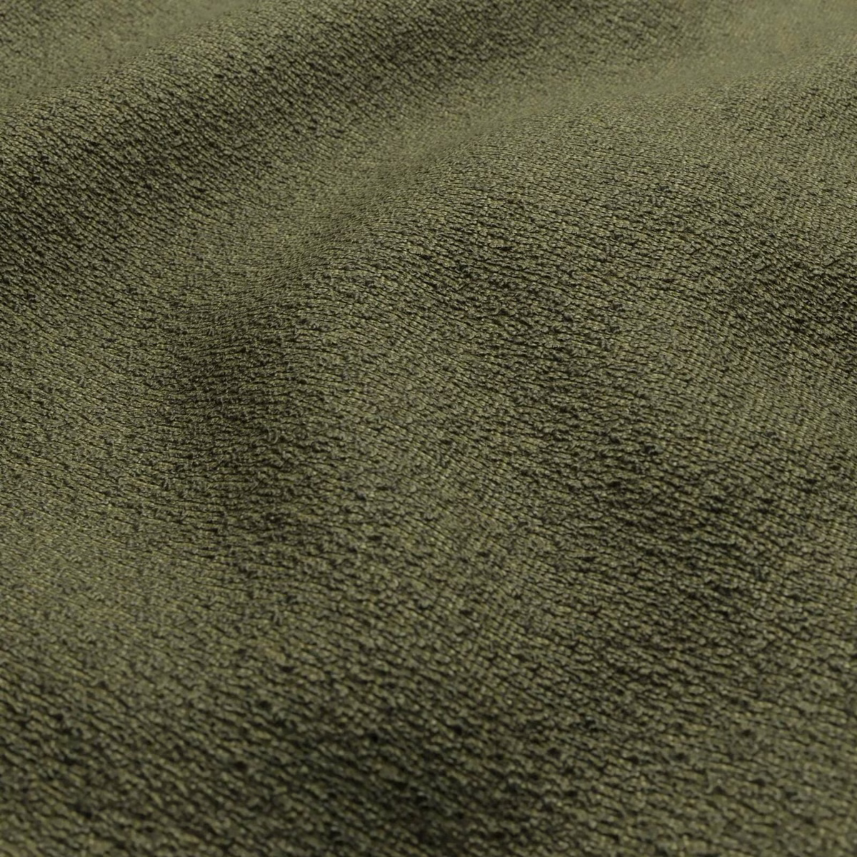 Close-up of muted hunter olive fabric with dense nubby texture and directional shading