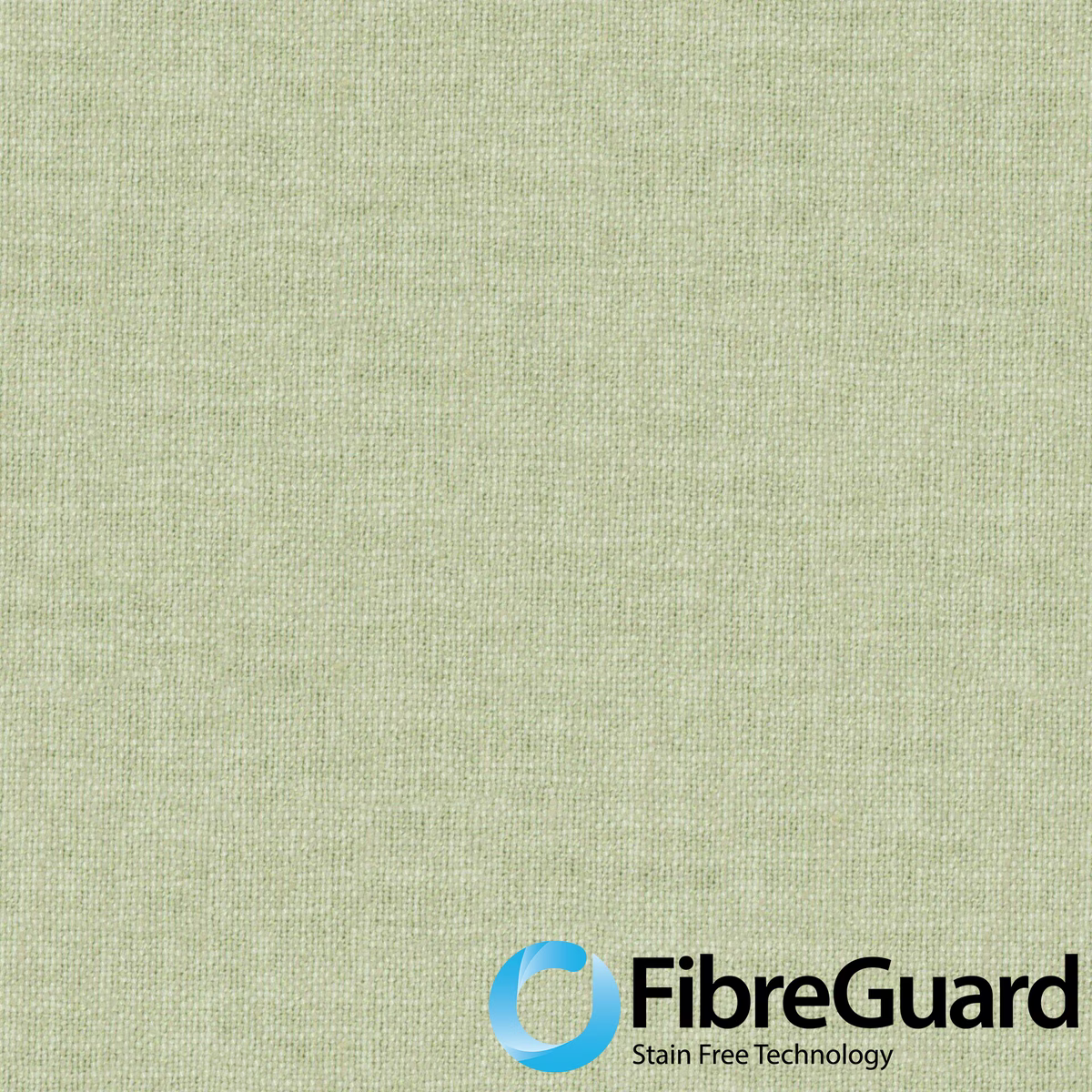 Pale sage-green textile swatch with a fine even weave and FibreGuard logo