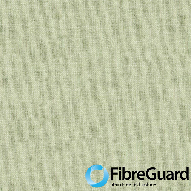 Pale sage-green textile swatch with a fine even weave and FibreGuard logo