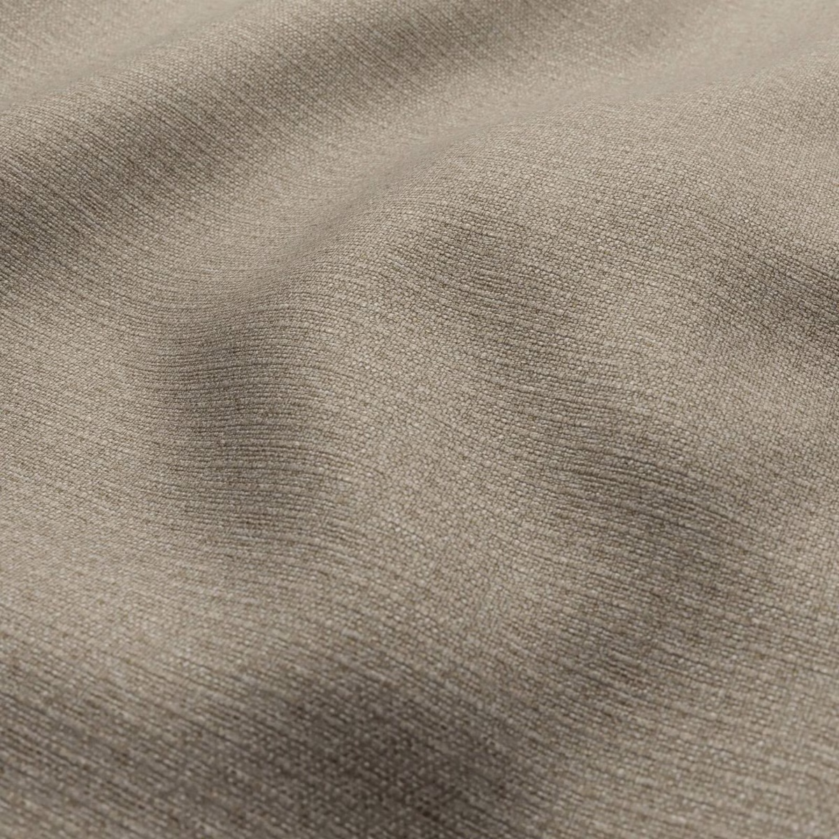 Warm taupe-grey woven fabric in soft folds with subtle rippled texture