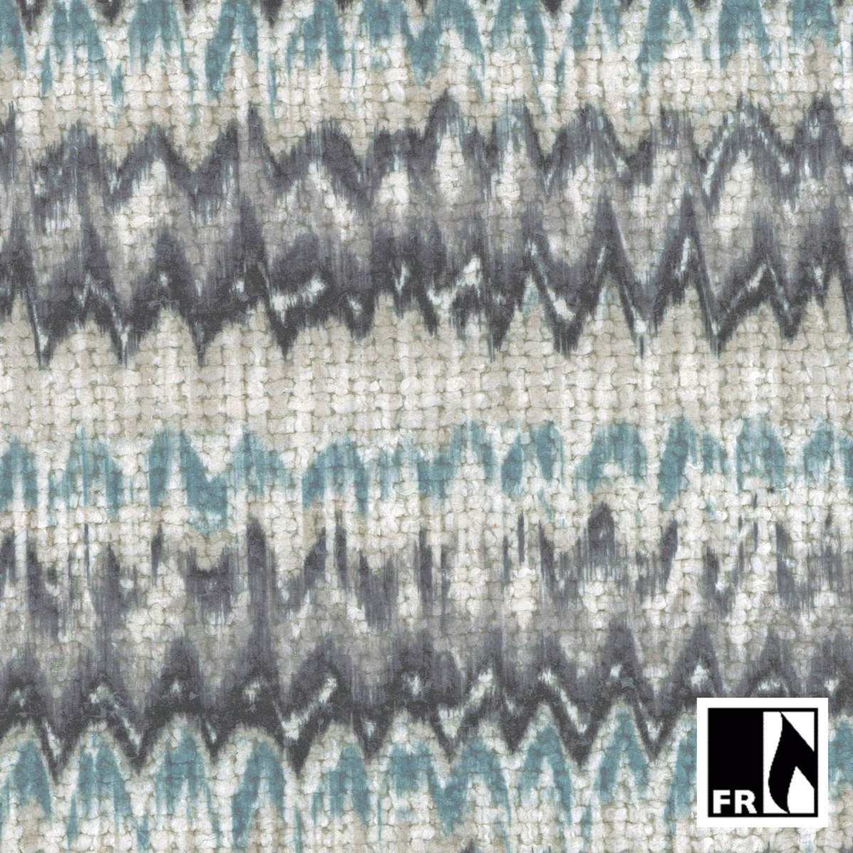 Storm-grey, teal and ivory woven fabric with distressed zigzag bands and raised texture