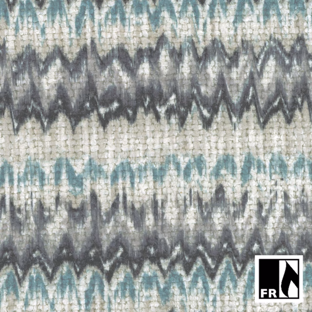 Storm-grey, teal and ivory woven fabric with distressed zigzag bands and raised texture