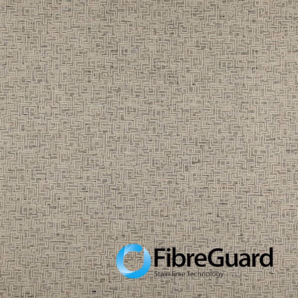Warm taupe-grey woven swatch with a dense interlocking maze pattern