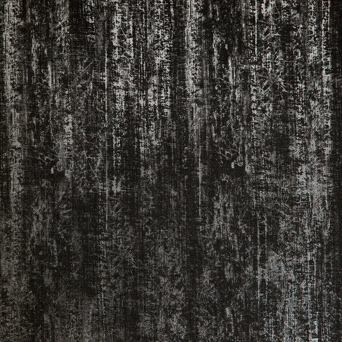Ebony-black woven fabric with distressed charcoal vertical striations and mottled texture