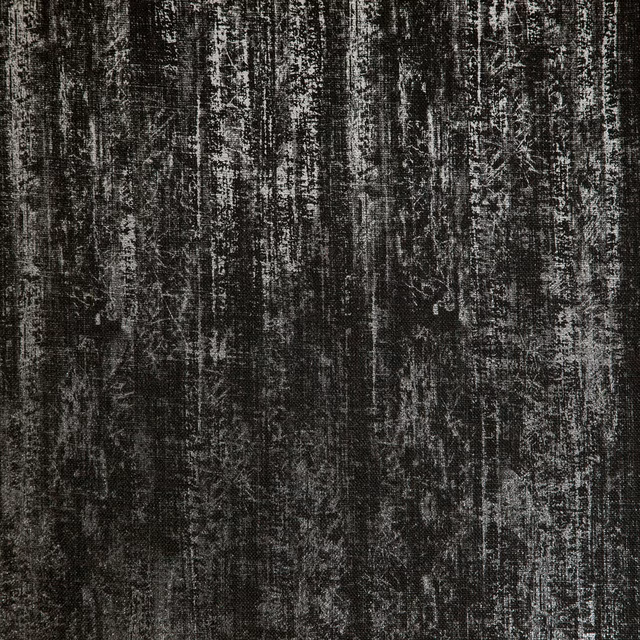 Ebony-black woven fabric with distressed charcoal vertical striations and mottled texture