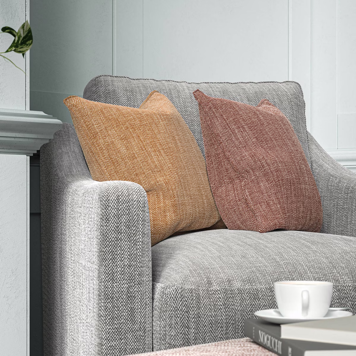 Warm Dijon mustard cushion showing a fine, softly flecked diagonal weave