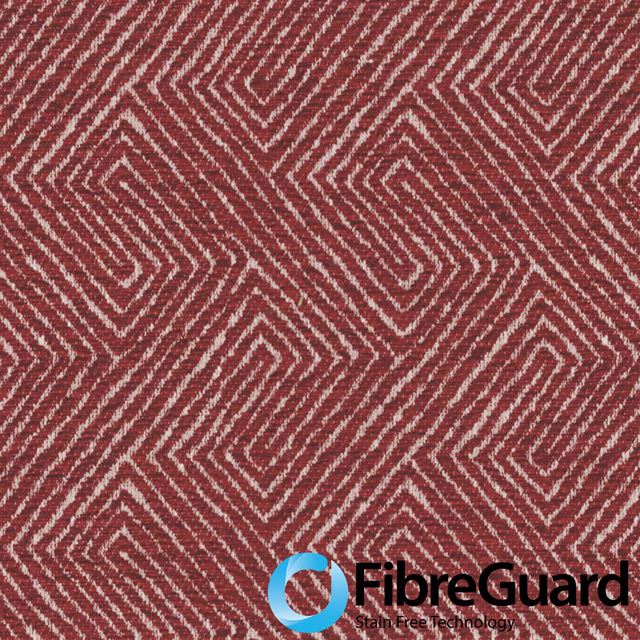 Deep crimson woven fabric with cream nested chevrons and diamond motifs