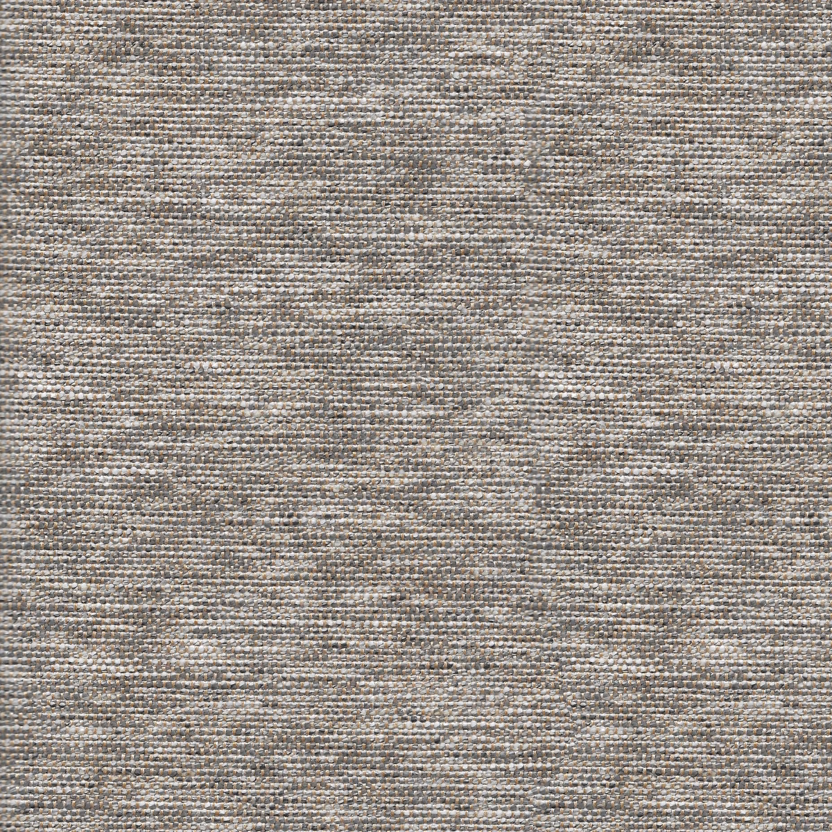Close-up of warm mushroom taupe woven fabric with fine horizontal slubs and grey-brown flecks