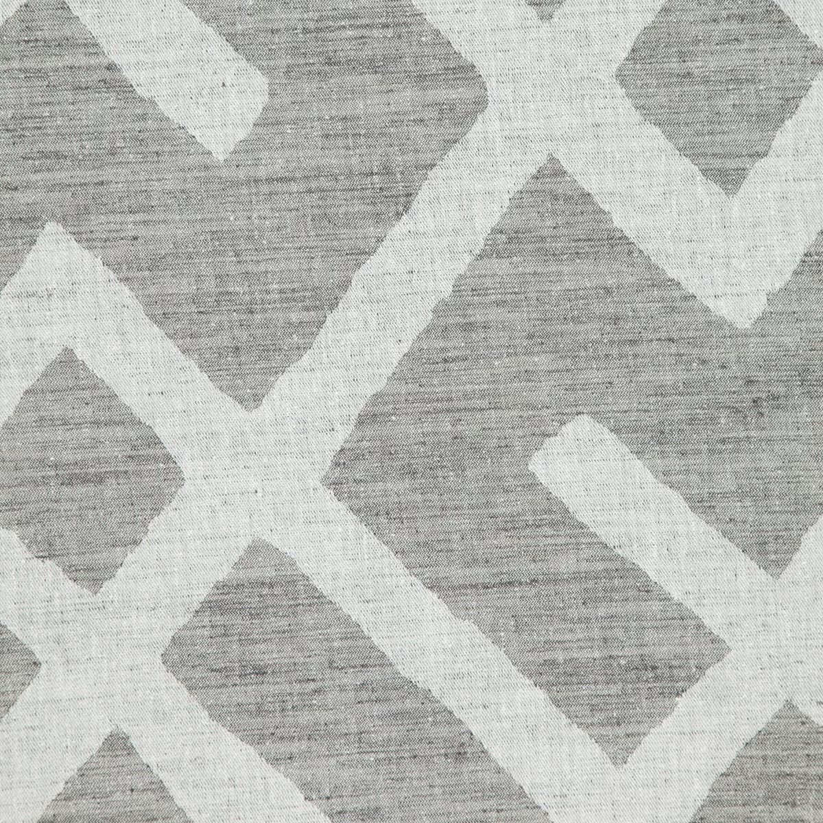 Smoky grey woven fabric with chalky ivory angular geometric lines and horizontal texture
