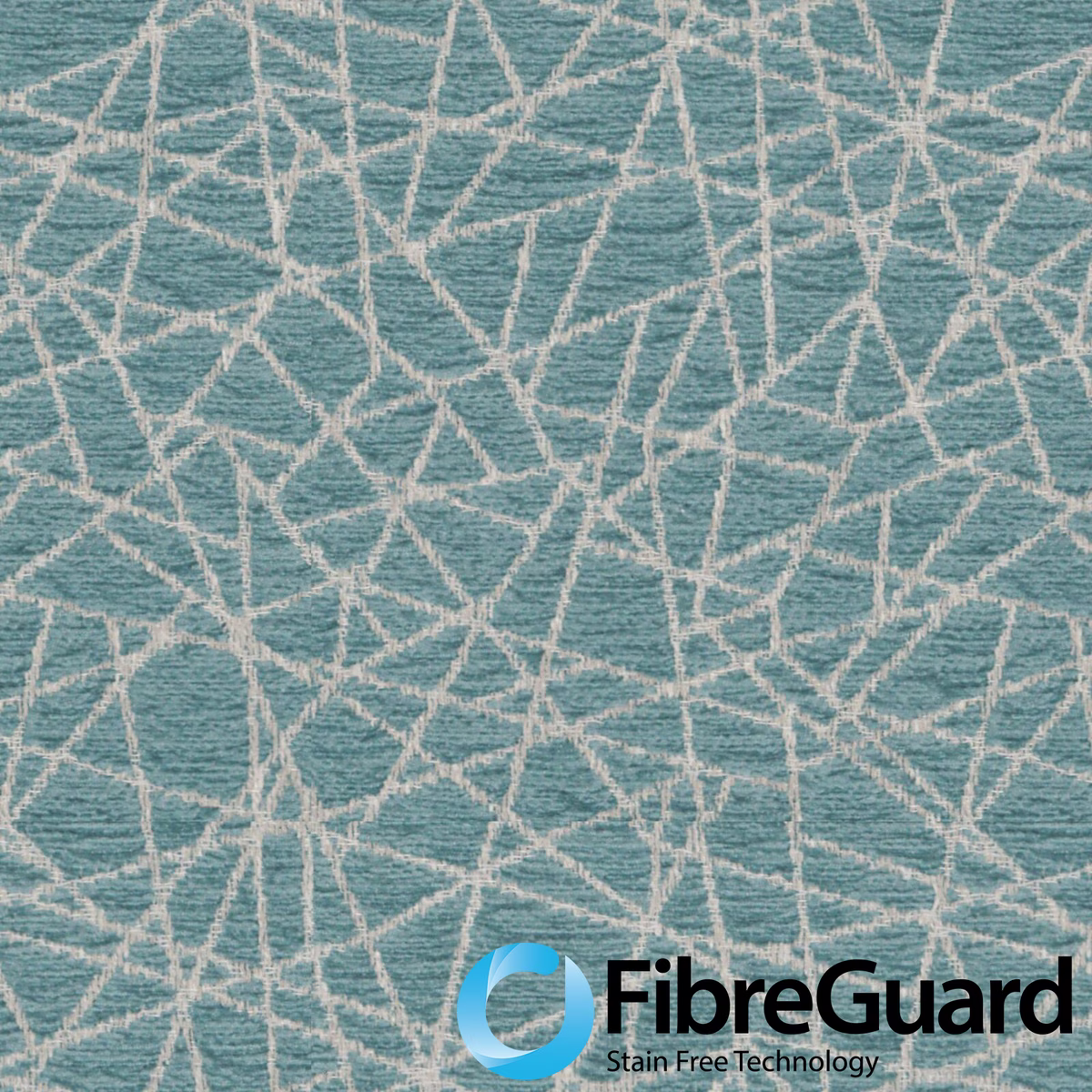 Muted blue-teal weave with cream angular tracery and visible horizontal texture