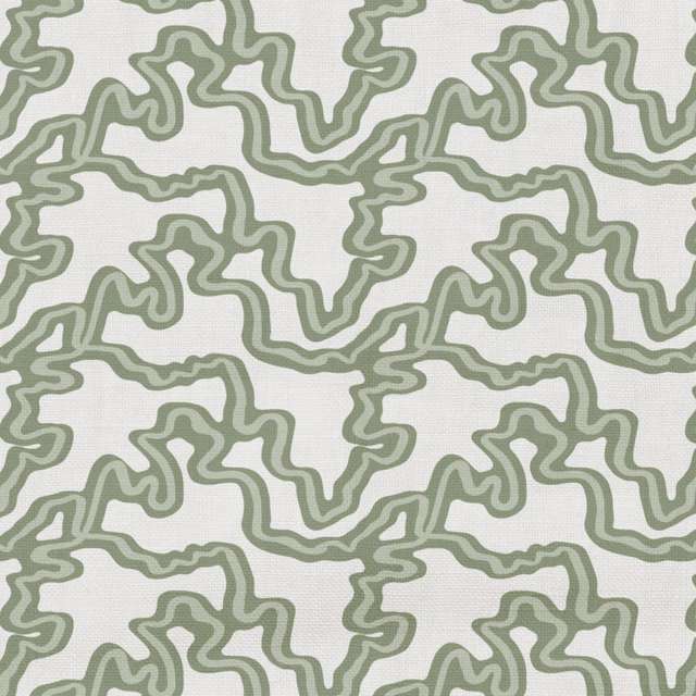 Pale ivory fabric with looping sage-green contour lines and a fine woven texture