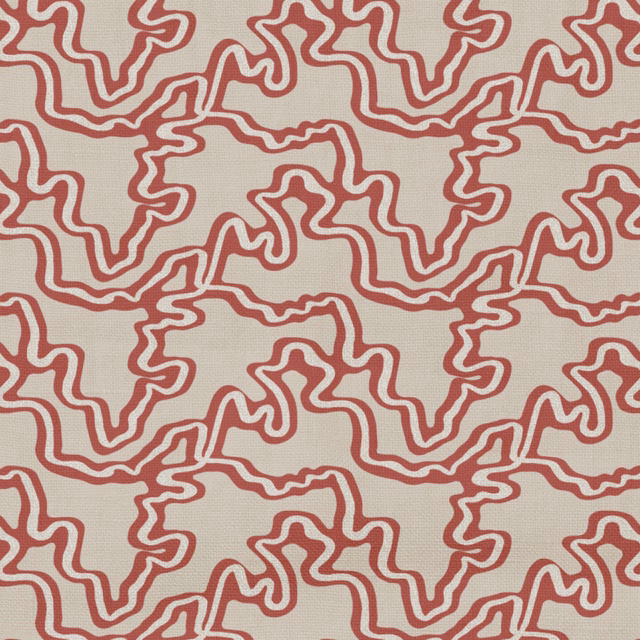Muted strawberry-red squiggle motif over a fine cream woven ground