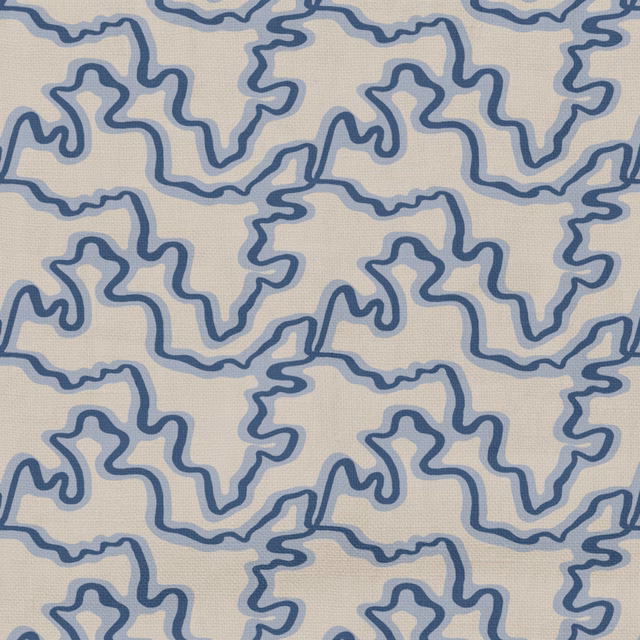 Cream fabric with looping slate-blue and powder-blue abstract lines