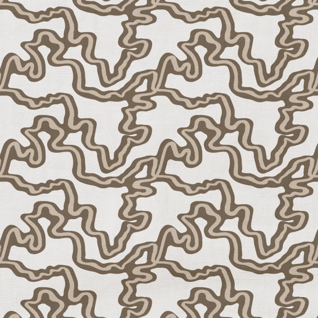 Warm cream woven fabric with looping taupe-brown tracery and softly tactile texture