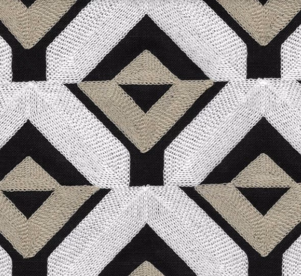 Black, white and hazel geometric woven fabric with large diamond motifs