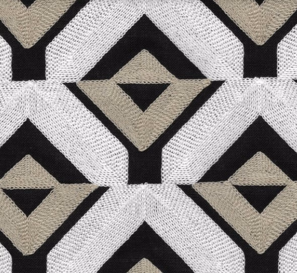 Black, white and hazel geometric woven fabric with large diamond motifs