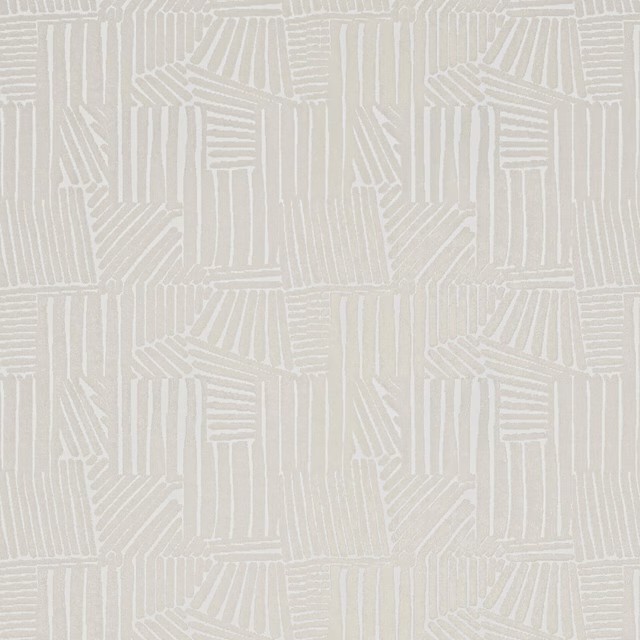 Pale greige fabric with off-white geometric linear blocks and fine textured detail