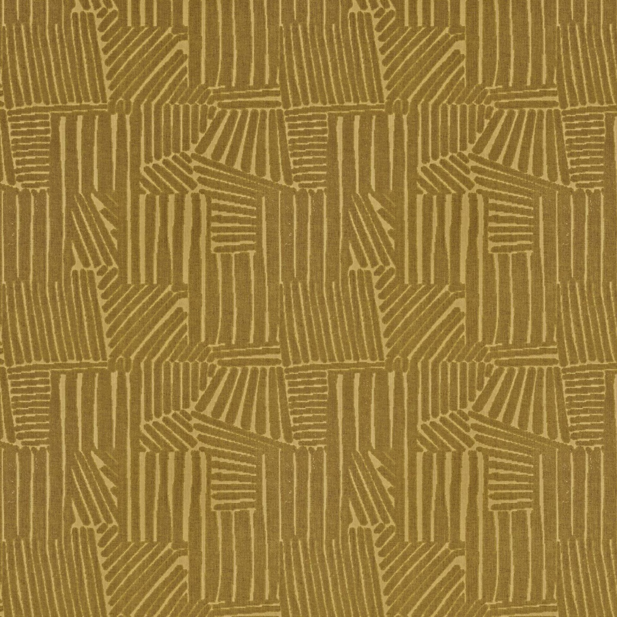 Muted ochre-gold textile with angular medallion blocks and fine raised linear texture