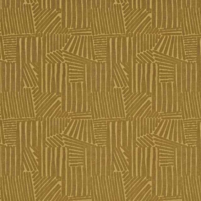 Muted ochre-gold textile with angular medallion blocks and fine raised linear texture