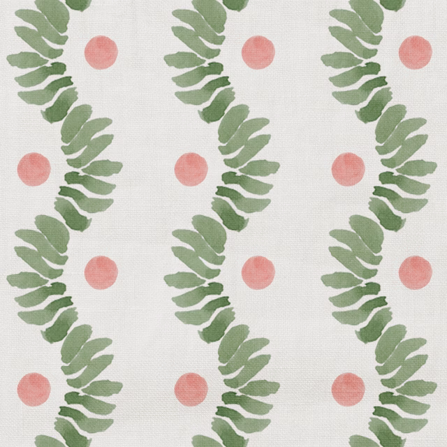 Pale woven fabric with sage leafy ribbons and rose-pink dots