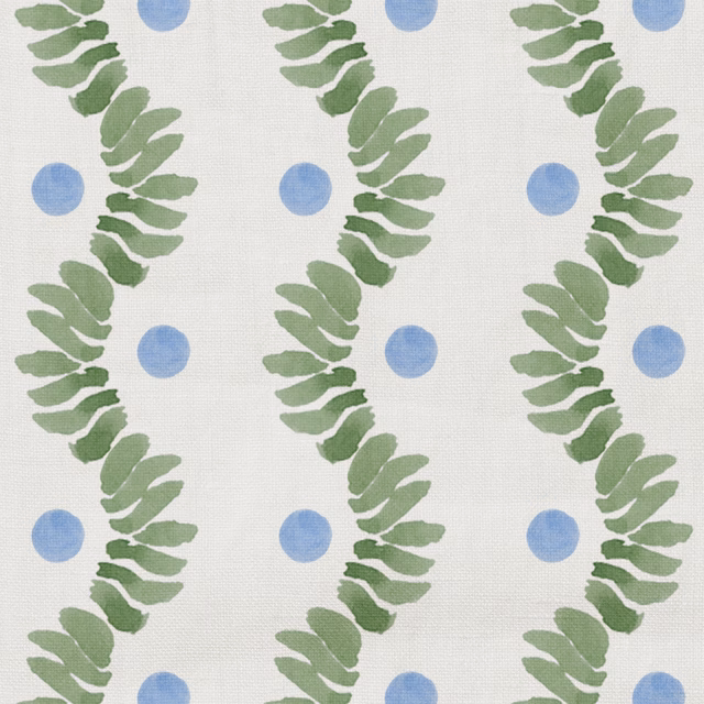 Ivory fabric with sage leafy trails and soft blue circular motifs