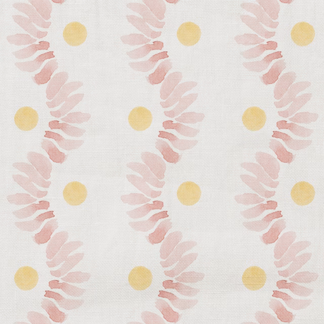 Warm cream fabric with blush leafy trails and ochre-yellow circular accents