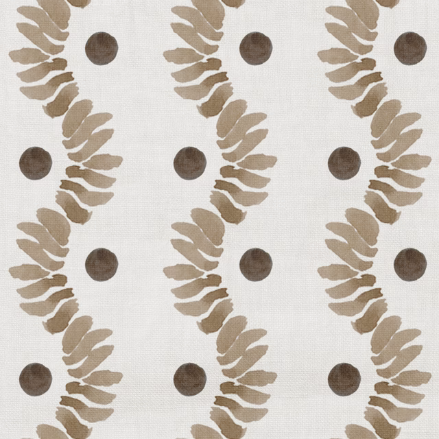 Warm whiskey taupe botanical trails with dark brown dots on an ivory woven ground