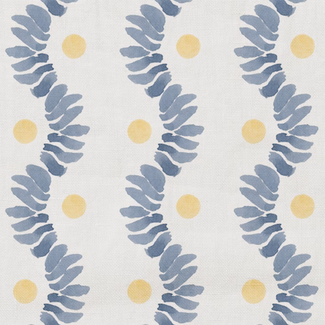 Dusty blue leafy arcs and soft yellow dots on an ivory woven ground