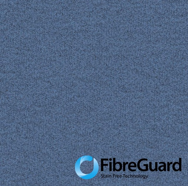 Close-up of muted ocean-blue Rannoch fabric with fine mottled texture and FibreGuard logo