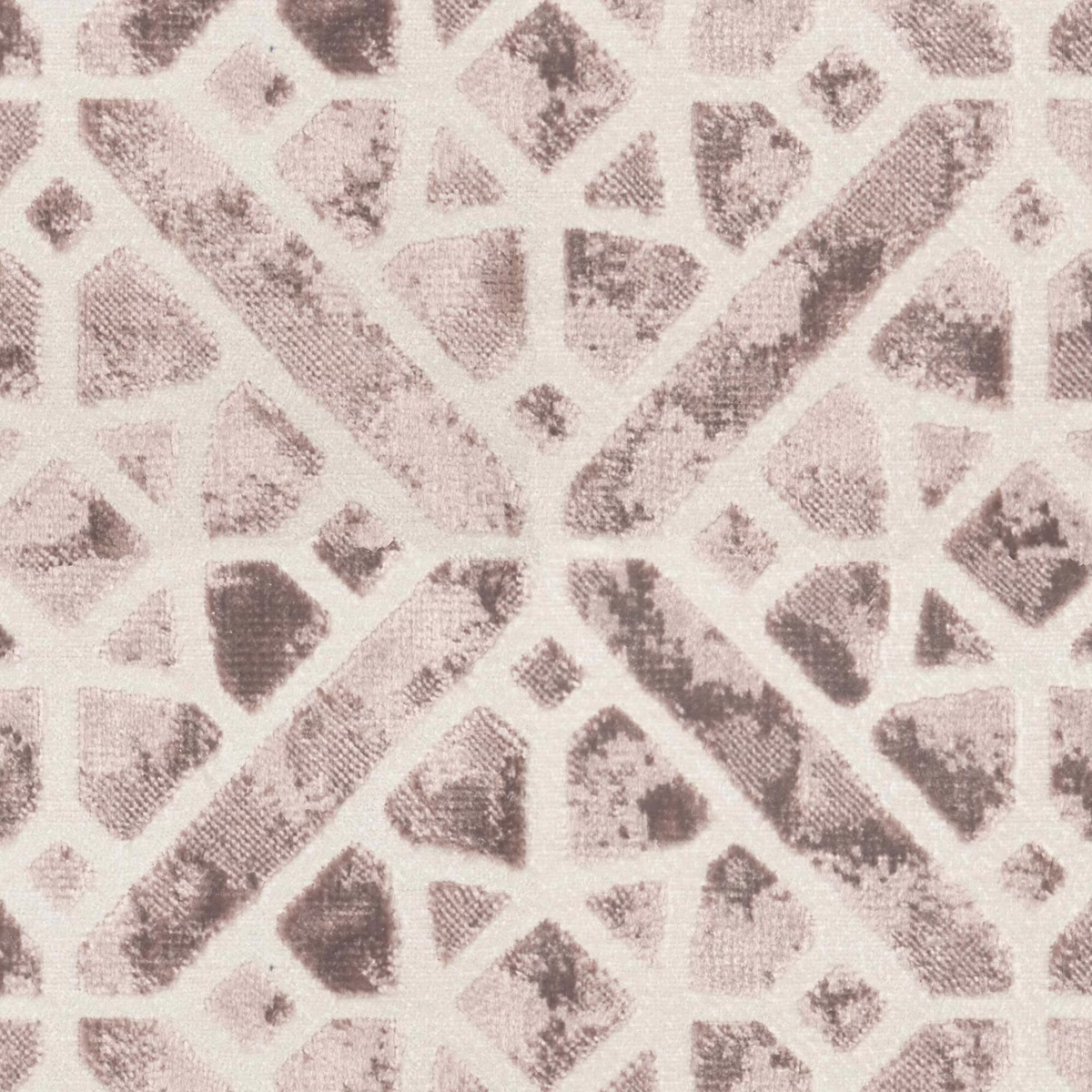 Cream woven ground with muted mauve-grey geometric fragments and distressed texture