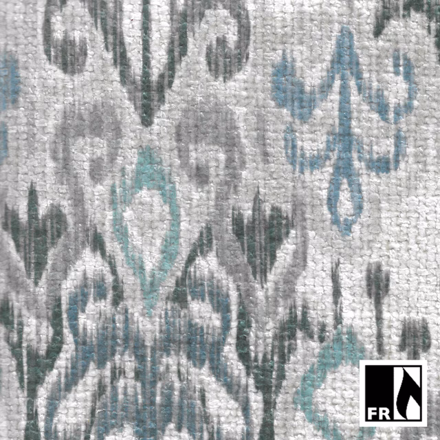 Pale granite-grey woven ground with charcoal, teal and green ikat motifs