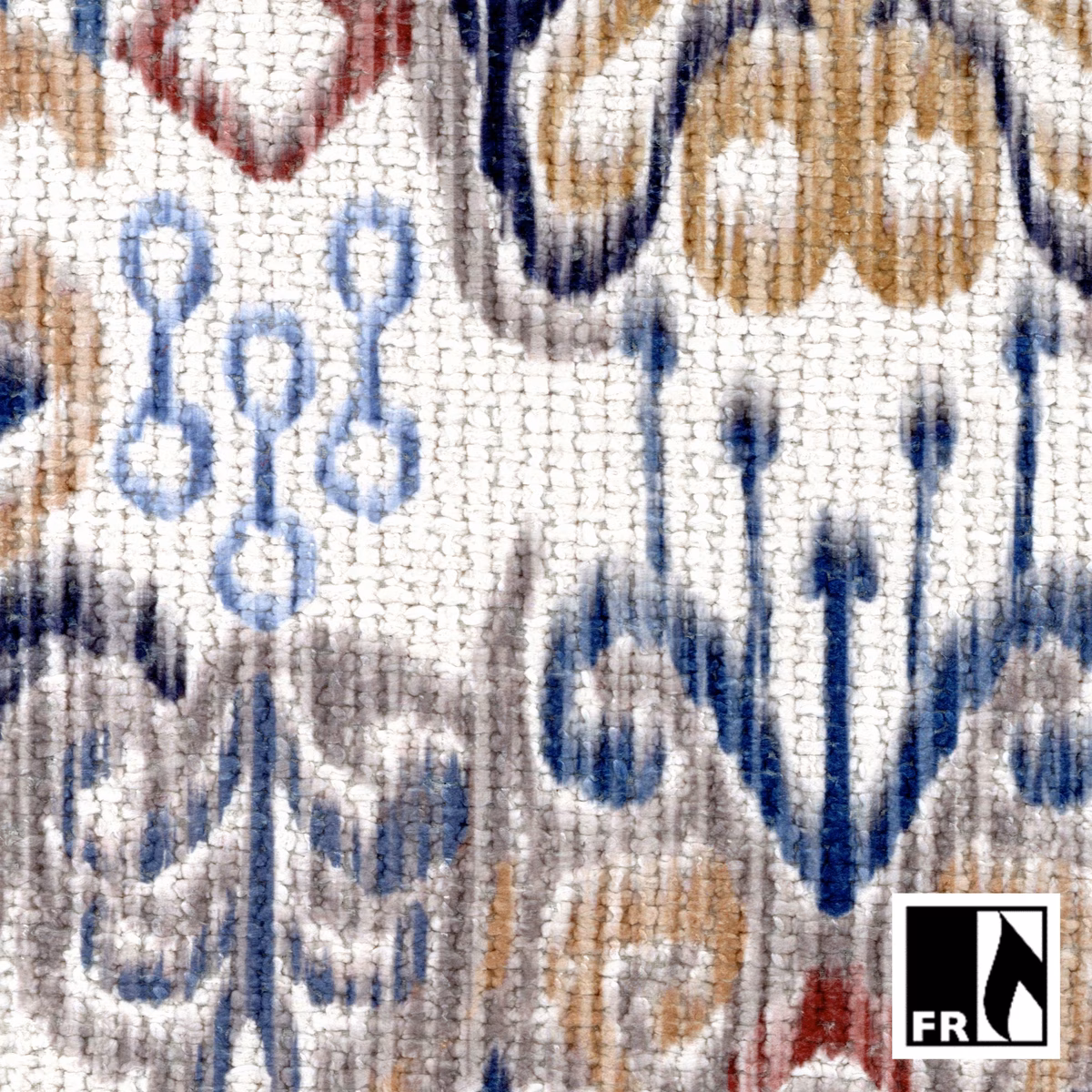 Textured ivory weave with chambray-blue, navy, ochre and red abstract motifs