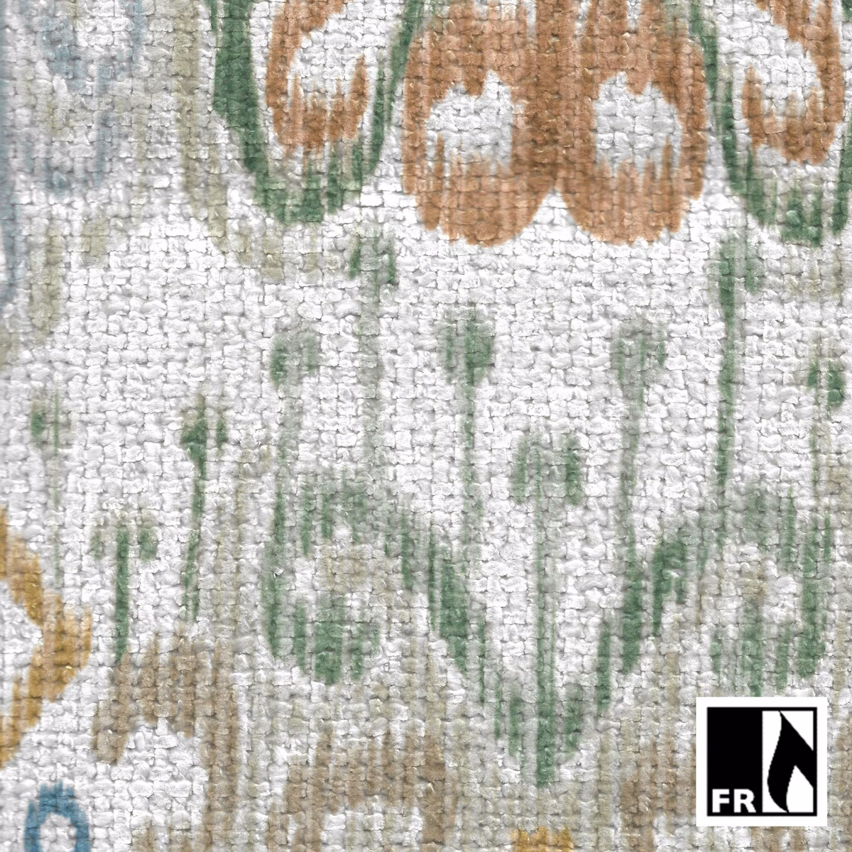 Chalk textured fabric with sage stems and warm ochre botanical motifs