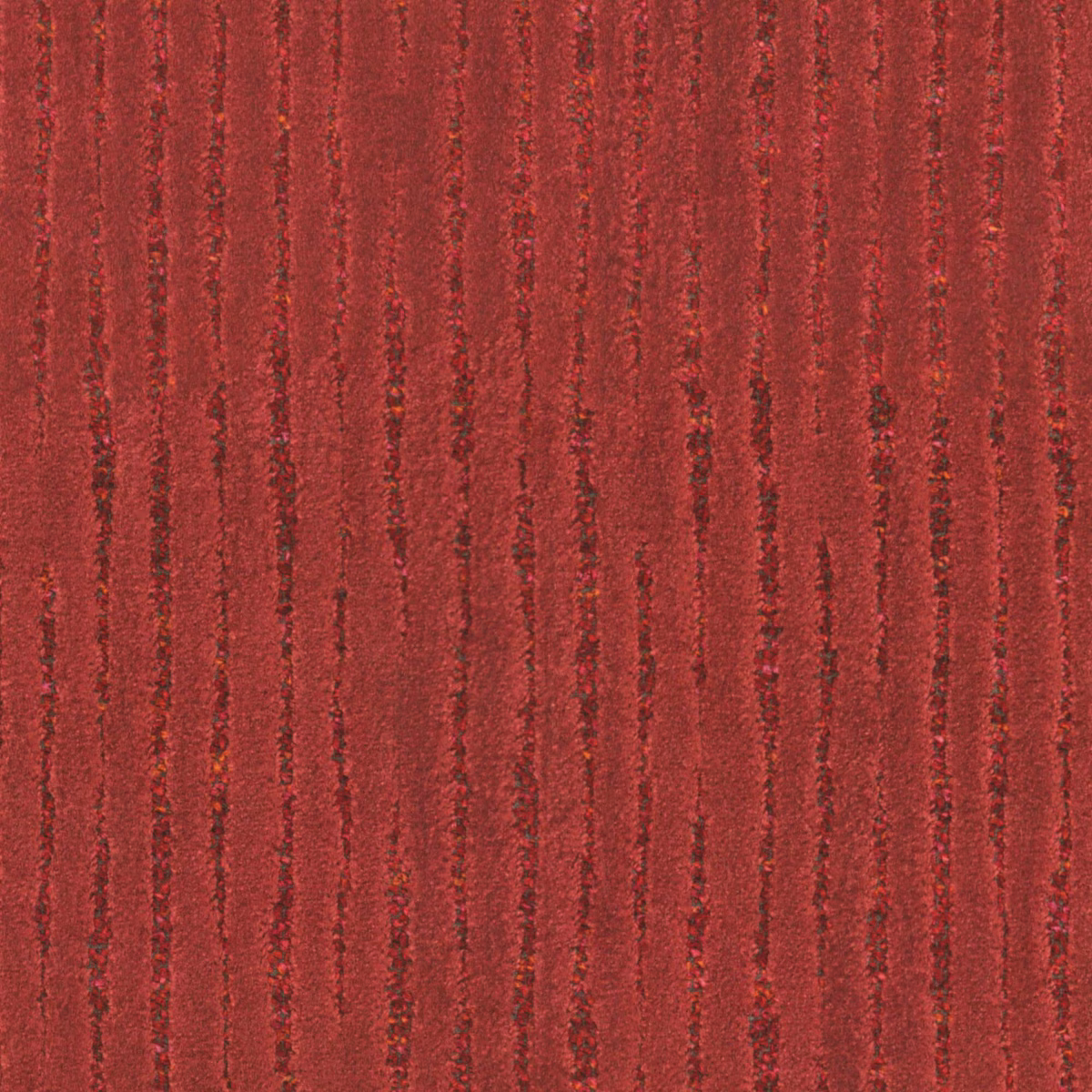 Deep chilli red fabric with irregular dark vertical stripes and a raised textured weave