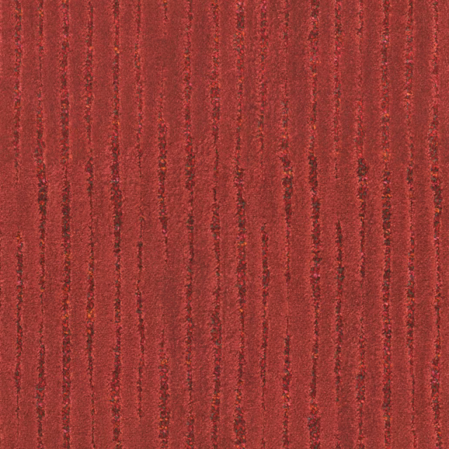 Deep chilli red fabric with irregular dark vertical stripes and a raised textured weave